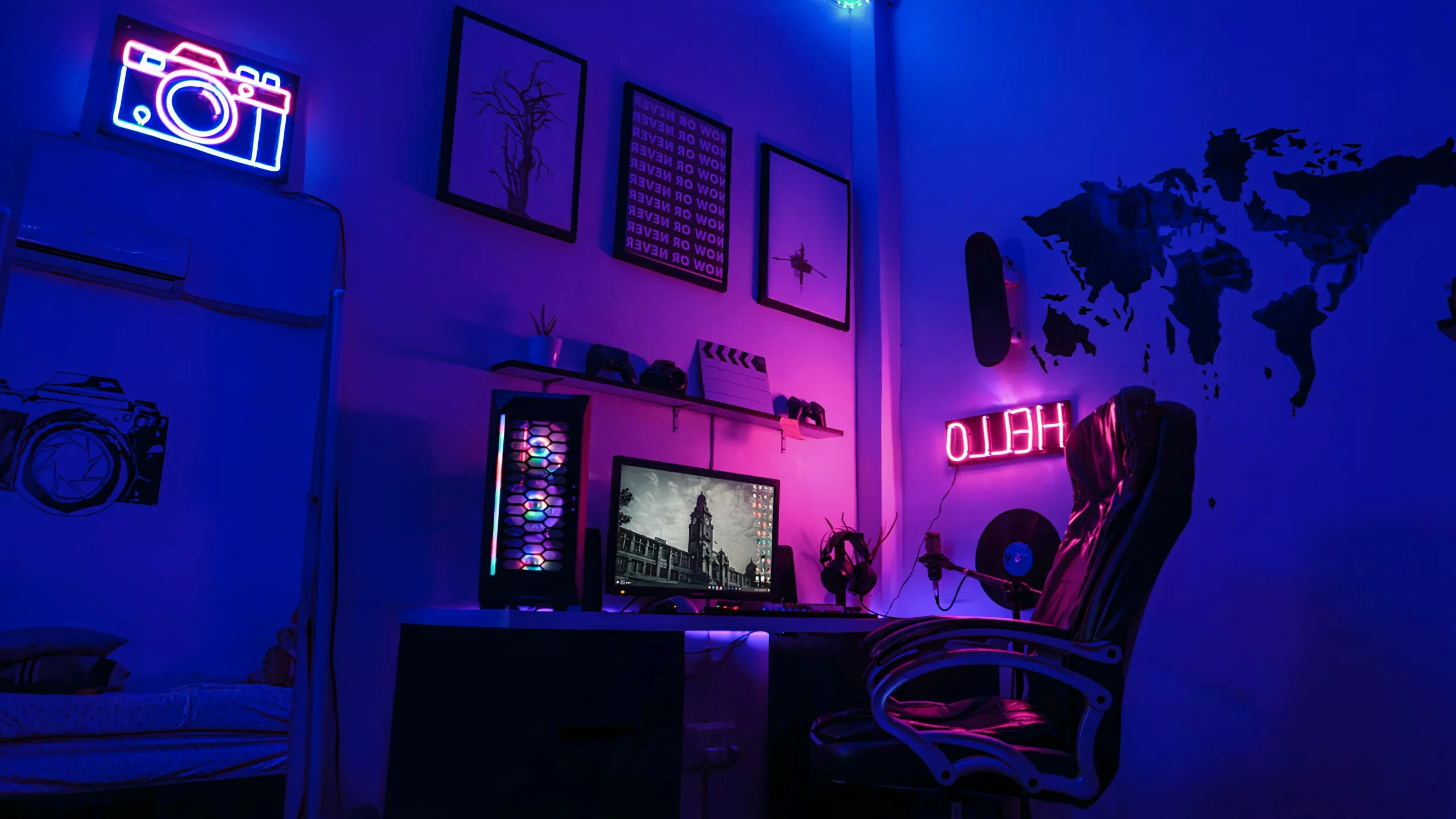 Gaming setup with neon lights